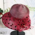 Burgundy organza polka dot sun hat with mesh flower detail, elegant breathable summer hat. - M(56-58CM) Adjustable / Wine Red-Organza Polka Dot Small Brim Floral Style M