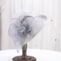 French style elegant grey lace women hat with flower and mesh veil for summer outdoor. - M (56-58cm) / Rhinestone Flower Half-Rolled Mesh Hat / Gray
