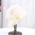 Elegant beige vintage sun hat with mesh veil and floral decoration for women summer party wear - M (56-58cm) / Rhinestone Flower Half-Rolled Mesh Hat / Beige