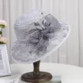 Close-up of elegant grey lace sun hat detail, exquisite floral mesh decoration, chic summer style. - M(56-58cm) Foldable / Regular Flower Lace Style / Gray