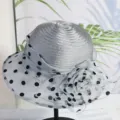 Silver grey organza sun hat with black polka dots and flower detail for summer women. - M(56-58CM) Adjustable / Gray-Organza Polka Dot Small Brim Floral Style M
