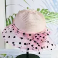 Women summer sun hat organza polka dot mesh floral breathable bucket hat detail view - M(56-58CM) Adjustable / Pink-Organza Polka Dot Small Brim Floral Style M