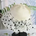 Close-up view of elegant organza polka dot mesh hat with floral detail and breathable brim. - M(56-58CM) Adjustable / Beige-Organza Polka Dot Small Brim Floral Style M