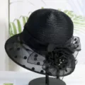 Black organza polka dot sun hat for women, breathable floral mesh bucket hat detail. - M(56-58CM) Adjustable / Black-Organza Polka Dot Small Brim Floral Style M