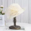 Elegant French style women bucket hat with mesh and floral decor summer sun hat - M (56-58cm) / Three-Flower Half-Rolled Mesh Hat / Beige