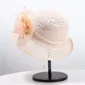 Français élégant femmes été dentelle maille robe chapeau floral protection soleil seau - M (56-58cm) / Chapeau en Maille Demi-Roulé à Fleurs en Strass / Rose