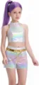 Close-up of holographic crop top and shorts set with shiny finish for kids stage costume. - Kids 110cm / Lumi