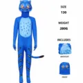 Detailed view of the blue tiger cosplay costume bodysuit and matching animal head hood. - Kids 150 / Tiger Jumpsuit with Hood (Connected Hands and Feet)