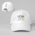 White ponytail baseball cap detail, featuring front printed text and back adjustable strap. - Adjustable / White