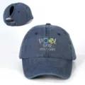 Distressed washed denim ponytail baseball cap featuring summer embroidery text detail. - Adjustable / Navy Blue
