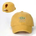 Distressed yellow ponytail baseball cap with cute pool slogan embroidery and adjustable strap. - Adjustable / Yellow