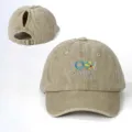 Distressed ponytail baseball cap featuring cool pool hair embroidery and adjustable strap. - Adjustable / Khaki