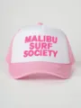 Roze en witte trucker cap met Malibu Surf Society borduurwerk voor casual dagelijks gebruik. - Verstelbaar / Roze