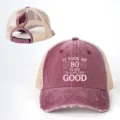 Distressed ponytail trucker cap with birthday novelty print mesh back adjustable strap. - Adjustable / Burgundy
