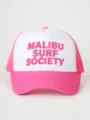 Roze en witte truckerpet met geborduurde Malibu Surf Society tekst op de voorkant. - Verstelbaar / Rozerood
