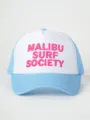 Blauw-witte truckerpet met mesh en roze geborduurde Malibu Surf Society tekst detail. - Verstelbaar / Hemelsblauw