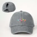 Washed denim ponytail baseball cap with colorful flamingos print, adjustable strap back for outdoor. - Adjustable / Gray