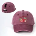Distressed maroon ponytail baseball cap with cute strawberry print and adjustable back strap. - Adjustable / Burgundy