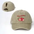 Vintage washed cotton ponytail baseball cap with cute strawberry print and adjustable strap. - Adjustable / Khaki