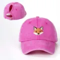 Pink washed ponytail baseball hat with cute fox embroidery, adjustable outdoor cap for women. - Adjustable / Rose Red