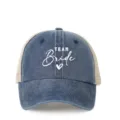Distressed denim trucker hat with Team Bride print, mesh back and adjustable strap. - Adjustable / Navy Blue