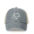 Distressed washed grey trucker hat featuring team bride print and breathable mesh back. - Adjustable / Gray