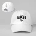 White ponytail baseball cap with NURSE life print, back adjustable buckle for outdoor wear. - Adjustable / White