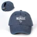 Distressed denim baseball cap with ponytail slot and cute nurse life print, adjustable strap. - Adjustable / Navy Blue