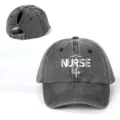 Grey washed ponytail baseball cap for women, cute nurse life print outdoor adjustable hat. - Adjustable / Black