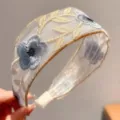 New Chinese Style Mesh Embroidered Flower Headband Wide Fabric Hair Hoop Blue & Gold - Blue Flower Embroidered Floral Headband
