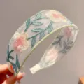 Elegant mesh floral embroidered headband, chic ethnic style wide hair hoop for women. - Pink and Green Embroidered Floral Headband