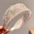 Floral embroidered mesh headband for women, elegant ethnic style wide fabric hair hoop accessory. - Pink Flower Embroidered Floral Headband