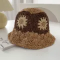 Handgefertigter Stroh-Eimerhut für Damen, vintage Häkel-Blumen-Sonnenhut für Strand und Sommer. - M(56-60cm) / Kaffee