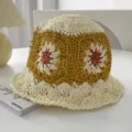 Handgefertigter Häkelblumen-Strohhut, gelb-weiße Sommer-Strand-Fischerhut für Damen und Outings. - M(56-60cm) / Kurkuma