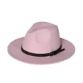 Roze wollen fedora hoed met zwarte lederen riem, stijlvolle platte rand jazz hoed. - M (56-58cm) / Lichtroze