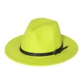 Limoengroene wollen fedora hoed met zwart lederen band detail voor stijlvolle herfst. - M (56-58cm) / Neon Geel