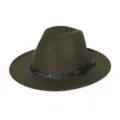 Gedetailleerd overzicht van de olijfgroene viltfedora met zwarte lederen band en gesp. - M (56-58cm) / Legergroen