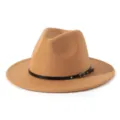 Brauner Wollfedora Hut mit schwarzem Gürteldetail, klassische flache Krempe im britischen Stil. - M (56-58cm) / Camel