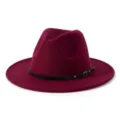 Burgunderroter Wollfilz Fedora Hut im britischen Stil mit schwarzem Ledergürtel und Schnalle. - M (56-58cm) / Burgunderrot