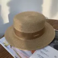 Chapeau de paille femme été, chapeau plat avec ruban marron, chapeau de plage soleil. - Ruban Kaki Dessus Plat / Kaki