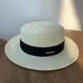 Chapeau de paille plat d'été pour femme avec ruban noir, chapeau de soleil de plage. - Ruban Noir Dessus Plat / Crème