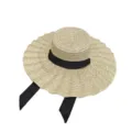 Grand chapeau de paille femme été plat ruban bord ondulé chapeau de soleil de plage SKU - M (56-58cm) / Ruban Noir