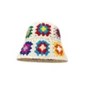 Handmade crochet bucket hat with colorful granny square floral design, retro knitted sun hat. - M (56-58cm) / Heavy Craft Flower / Beige