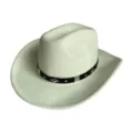 Detailed view of a classic white felt western cowboy hat featuring a black studded band. - White
