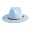 Light blue fedora hat detail featuring a chic brown belt and gold metal buckle for men and women. - M (56-58cm) / Sky Blue