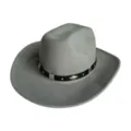 Close-up detail of grey felt cowboy hat, featuring black leather band and silver metal rivets. - Silver Gray