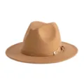 Classic camel fedora hat with PU leather strap and metal buckle detail for stylish outfits. - M (56-58cm) / Camel