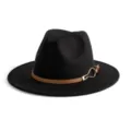 Detailed view of black fedora hat with brown leather belt and metal buckle, stylish retro design. - M (56-58cm) / Black