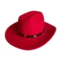 Red felt western cowboy hat detail showing the black leather strap and metal stud decoration. - Red