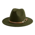 Detail view of the dark green fedora hat featuring a brown leather strap and gold buckle. - M (56-58cm) / Army Green